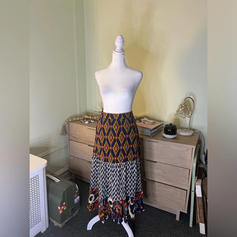 Navy Mixed Tribal & Chevron Print Midi Maxi Flowy Boho Relaxed Fit Skirt Sz XL - Picture 8 of 15